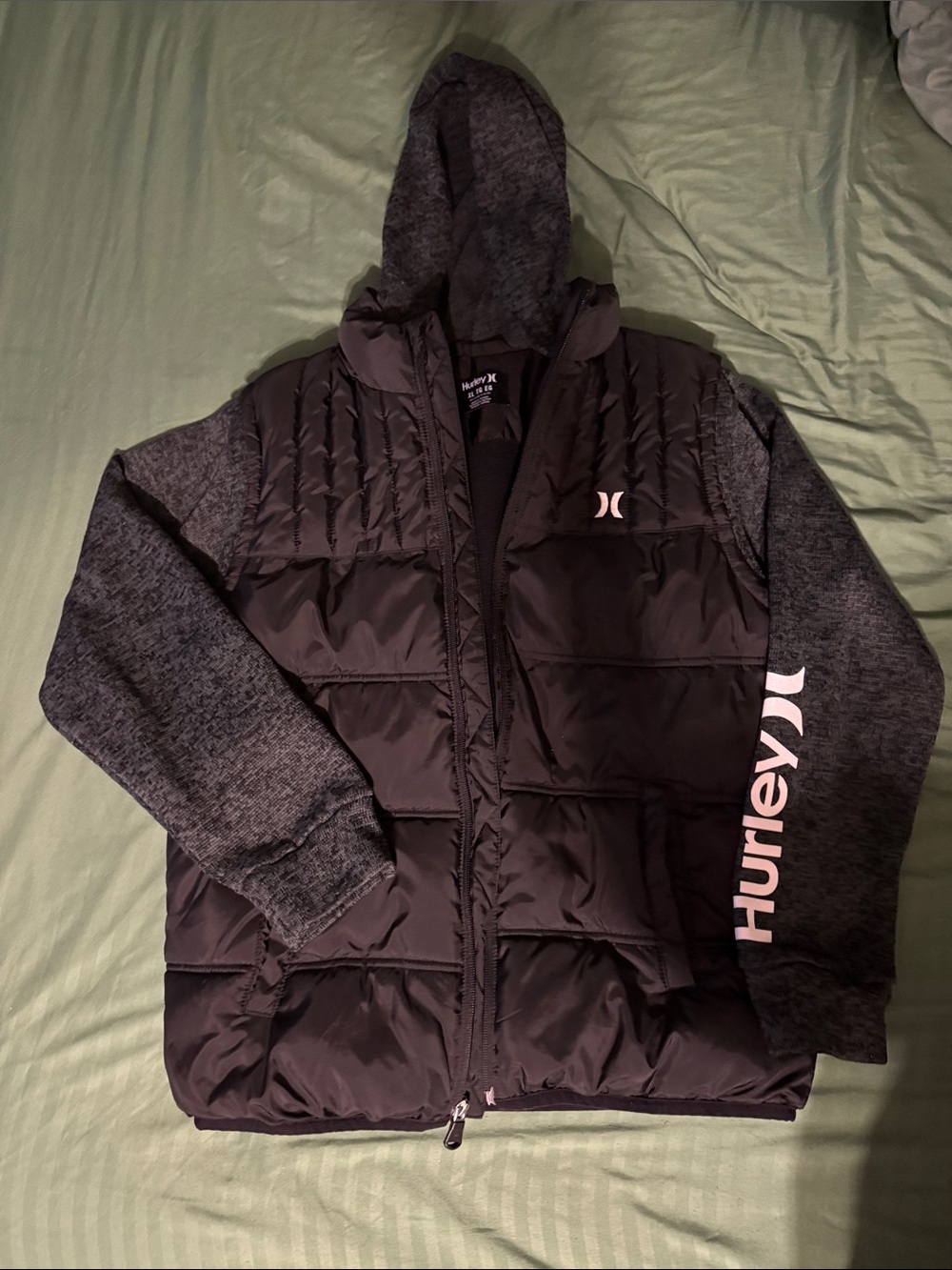 Hurley Black Puffer Jacket with Dark Gray Knit Sleeves and Hood